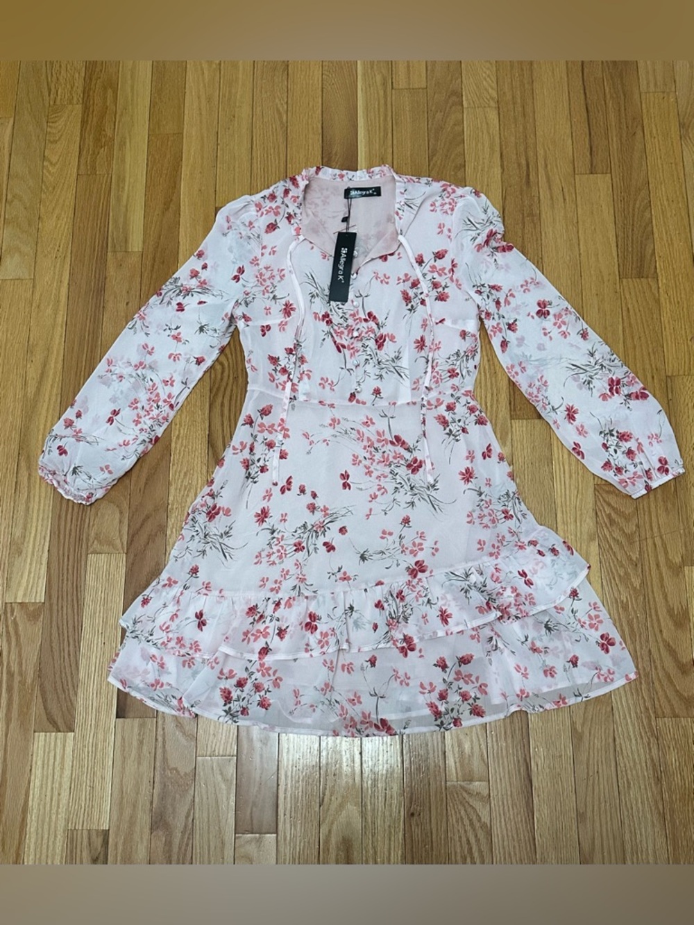 Allegra K Pink Floral Long Sleeve Ruffle Tier Dress - Picture 2 of 7